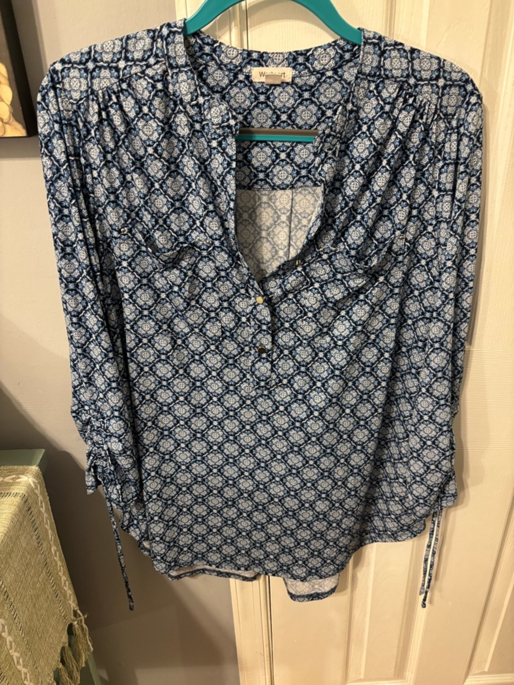 Westport Blue and White Printed V-Neck Long Sleeve Blouse